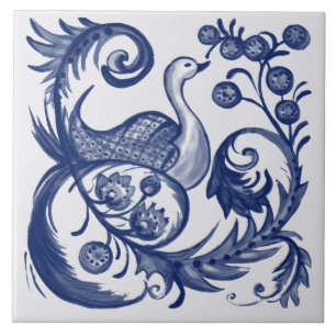 Carreau Peacock Blue White Swirl Vintage Folk Design