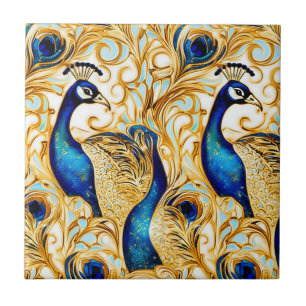 Carreau Peacock oiseau or bleu blanc mur d'art
