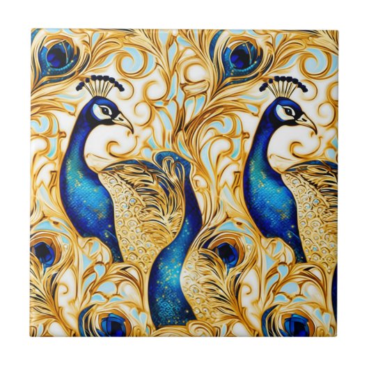 Carreau Peacock oiseau or bleu blanc mur d'art (Devant)