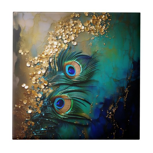 Carreau Peacock plumes feuille or éclaboussure mur marbré (Devant)