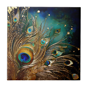 Carreau Peacock plumes perle points faux feuille or mur