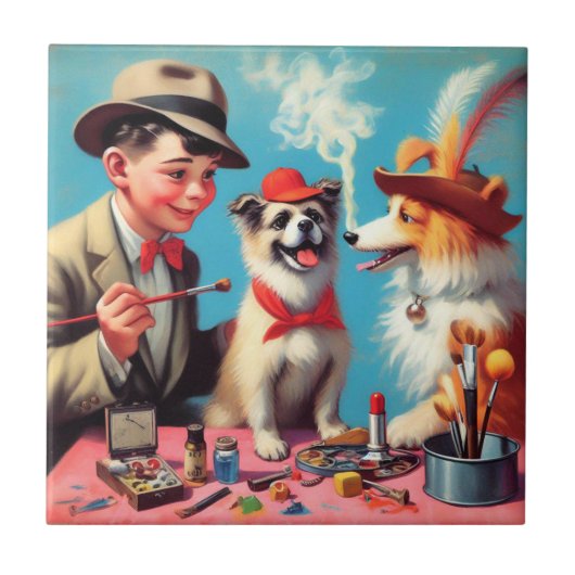 Carreau Peinture à l'huile rétro Chiens heureux (Devant)