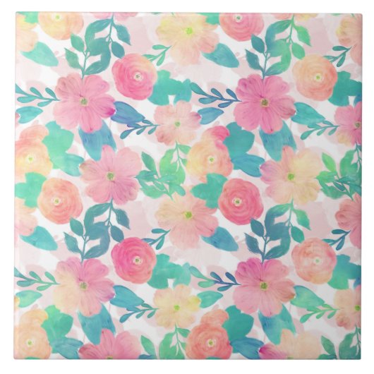 Carreau Peinture à main rose bleu florale Fille Design (Devant)