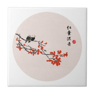 Carreau Peinture chinoise vintage Oiseaux d'automne Feuill