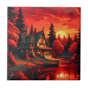 Carreau Peinture coucher de soleil avec chalet et lac-6663