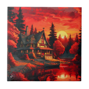 Carreau Peinture coucher de soleil avec chalet et lac-6663