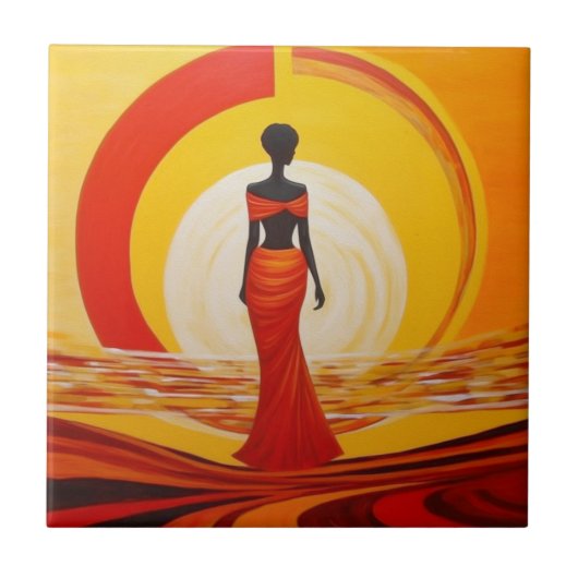 Carreau Peinture d'art féminin jaune chaud orange rouge d' (Devant)