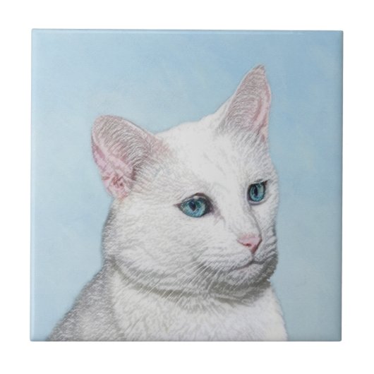 Carreau Peinture de chat blanc - Cute Original Cat Art (Devant)