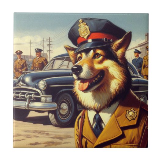 Carreau Peinture de chien de police rétro (Devant)