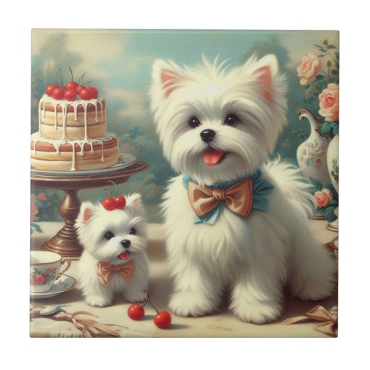 Carreau Peinture de chiot maltais mignon (Devant)