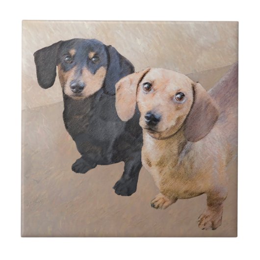 Carreau Peinture de Dachshund (Smooth) - Art original de c (Devant)