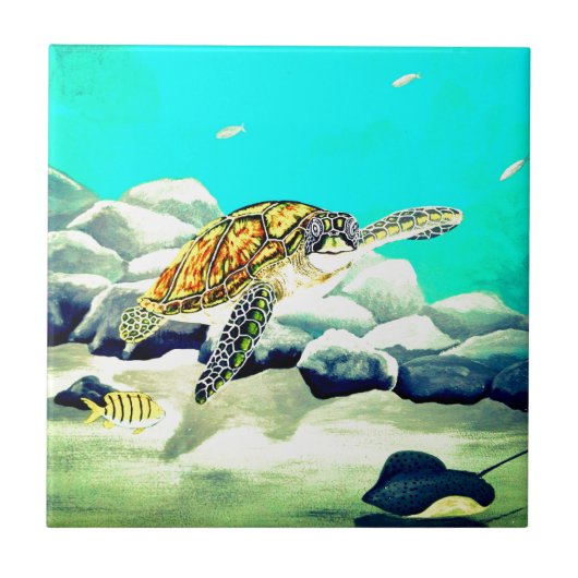 Carreau Peinture de tortue de mer Belle Mer Bleue (Devant)