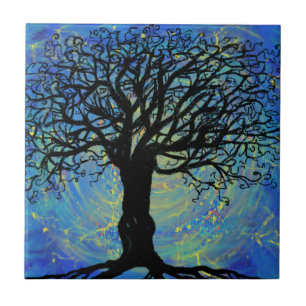Carreau Peinture d'imaginaire bleu-bleu Arbre de vie