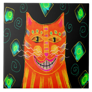 Carreau Peinture numérique chat orange souriant