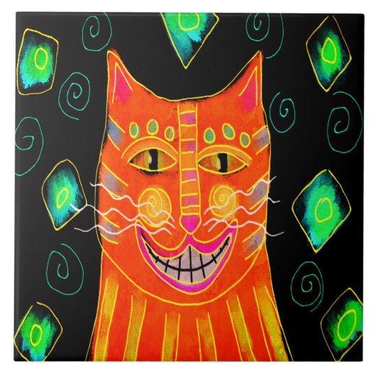 Carreau Peinture numérique de chat orange souriant (Devant)