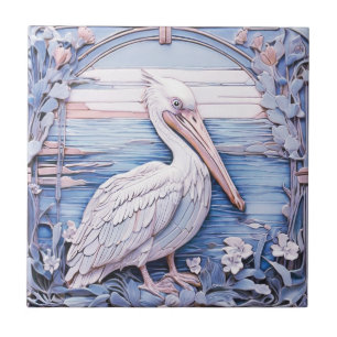 Carreau Pelican Bird Art Nouveau Faux Relief R Ocean Blue