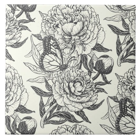 Carreau Peonies et papillons bloquent l'impression, noir e (Devant)
