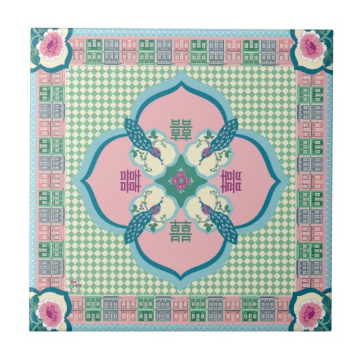 Carreau Peranakan Peacock Double Happiness Tile – Pastel N (Devant)