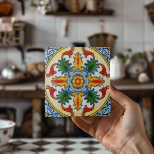 Carreau Peranakan Rouge Orange Fleur Vert Laisser Décor