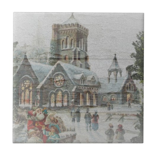 Carreau Père Noël ancienne avec enfants devant une église (Devant)