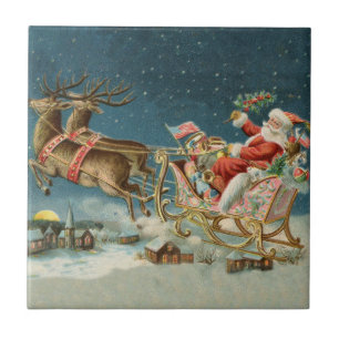 Carreau Père Noël Antique Sleigh Reindeer