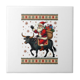 Carreau Père Noël vintage chevauchant une vache des Highla