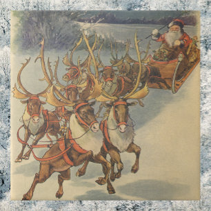 Carreau Père Noël vintage de Noël traîneau avec renne