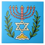 Carreau Persan Magen David Menorah<br><div class="desc">Cette image a été adaptée d'une tuile juive persane antique et comporte un menorah avec un Magen David (étoile de David) encadré par des branches d'olivier.  Les imperfections de l'image originale et peinte à la main ont été préservées.</div>