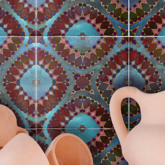 Carreau Pétales géométriques symétriques bleu-rouge bordea