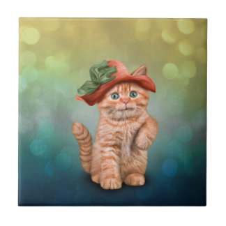 Carreau Petit chaton rayé drôle dans un grand casquette