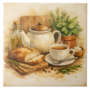 Carreau Petit déjeuner méditerranéen aquarelle rustique