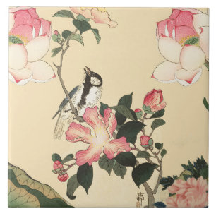 CARREAU PETIT OISEAU AVEC ROSES PINK ET FLEURS DE LOTUS