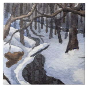 Carreau Petit ruisseau dans la neige hivernale avec les ea