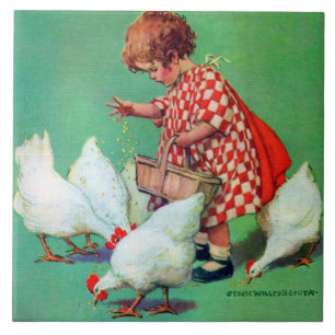 Carreau Petite fille qui nourrit les poules par Jessie Wil