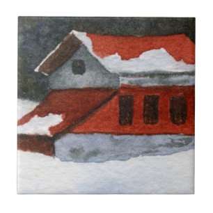 Carreau Petite grange d'hiver rayée rouge avec neige