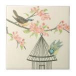 Carreau Petits oiseaux perchés sur une branche et sur une<br><div class="desc">Nancy Slocum's a peint de nombreux oiseaux au cours des années. Cette image représente deux petits oiseaux bleus et jaunes perchés sur une branche entourés de fleurs roses et qui ont l'air curieux d'une cage d'oiseaux. Obtenez cette oeuvre d'art ornithologique cool sur votre produit Zazzle dès aujourd'hui.</div>
