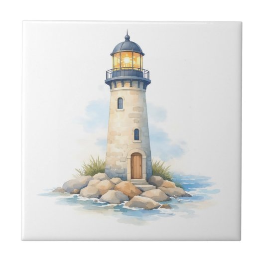 Carreau Phare à l'aquarelle sur les rochers (Devant)