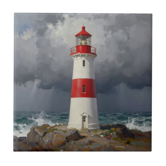 Carreau Phare côtier rouge tempétueux  (Devant)