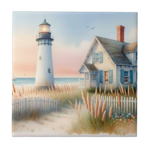 Carreau Phare et cottage au bord de la mer, scène aquarell
