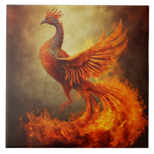 Carreau Phénix orange avec flammes et brume dorée