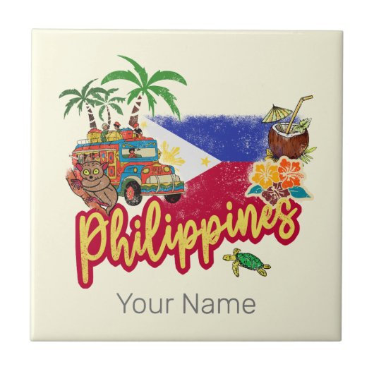 Carreau Philippines Vintage Tarsier Drapeau Palm Souvenir (Devant)
