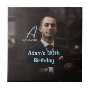 Carreau Photo monogramme joyeux 30e anniversaire bleu blan
