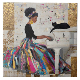 Carreau Pianiste noire en feuille d'or et chat