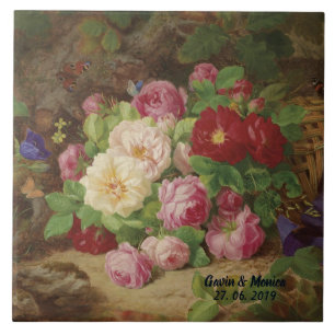 Carreau Pièce rose au plancher de la forêt avec des papill