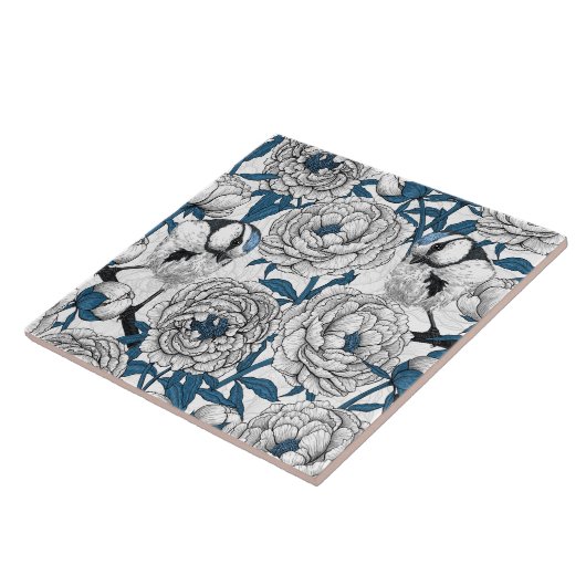 Carreau Pies blanches et mésanges bleues (Côté)