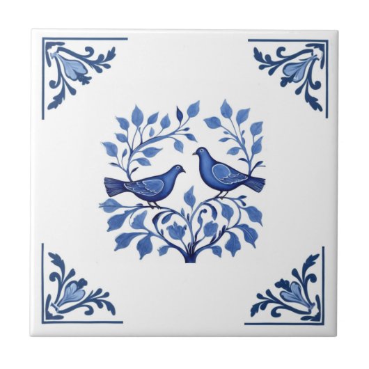 Carreau Pigeon Dove Bird Couple Blue White Delft Corners (Devant)