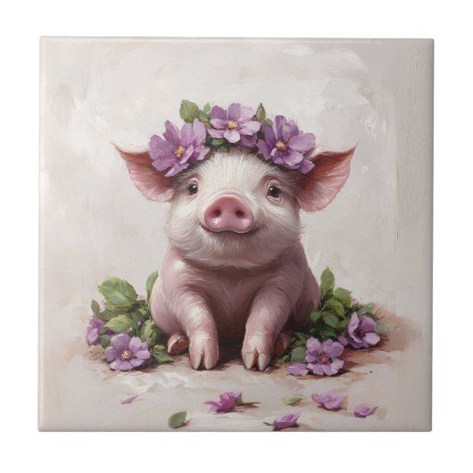 Carreau Piglet dans une couronne de fleurs violettes (Devant)