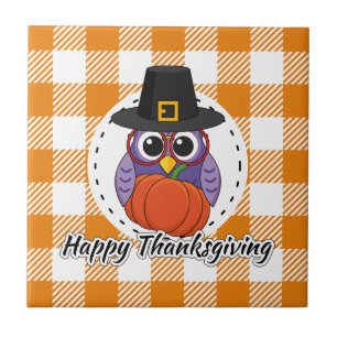 Carreau Pilgrim owl on Orange Plaid - Happy Thanksgiving
