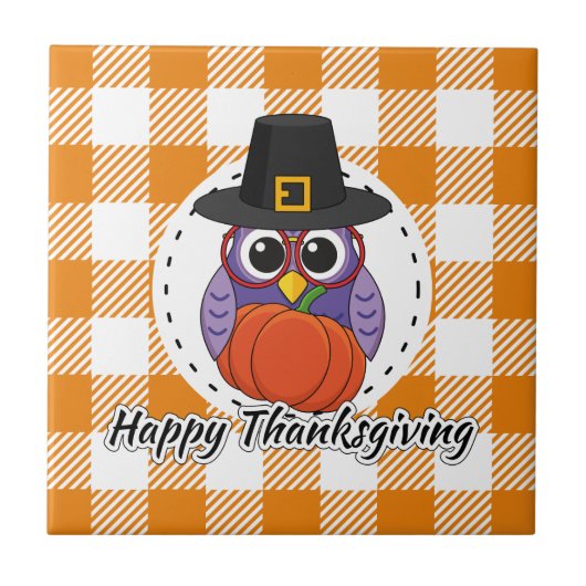 Carreau Pilgrim owl on Orange Plaid - Happy Thanksgiving (Devant)