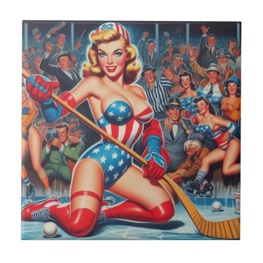 Carreau Pin-up de hockey rétro (Devant)